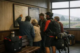 Group of locals and a cyclist quietly consulting maps at a rural train station with soft morning light and a calm, authentic atmosphere.