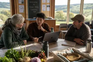 Small group of people from different backgrounds gathered in a sunlit rural hall, discussing over maps and local products, with a glimpse of countryside through large windows.