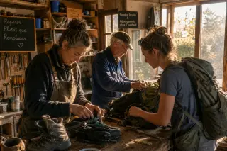 Three people quietly repairing hiking gear together in a sunlit rural French workshop filled with reused materials.