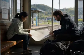 Two travelers studying a regional map in a softly lit rural train station, gear for biking and hiking at their feet, early morning atmosphere, candid side perspective.