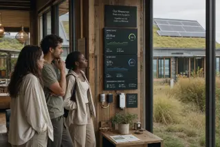 Travelers quietly observing digital sustainability dashboards in an eco-lodge with reclaimed materials and visible environmental technologies.