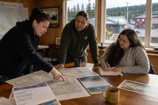 Local officials in a modest meeting room, deeply focused on a map and notes as soft morning light streams in, conveying collaborative strategy work in a small rural town.
