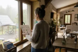 Woman reading sustainability guidelines in a cozy guesthouse common room, soft morning light, rural French setting with sustainable features visible outside.