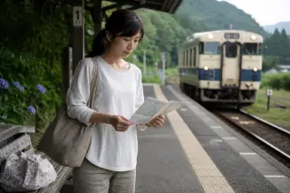 Woman on rural train platform in morning light, pensive with a map, as a local train approaches, evoking a subtle decision-making moment on responsible travel.
