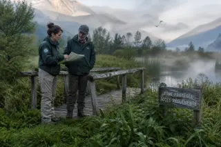 Two park rangers stand by a weathered wooden footbridge in a misty French wetland, talking quietly as they review a map, surrounded by lush vegetation and early morning light.
