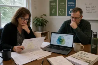 Two professionals in a bright, informal meeting room concentrate on sustainable tourism documents, the mood calm and focused with natural daylight.