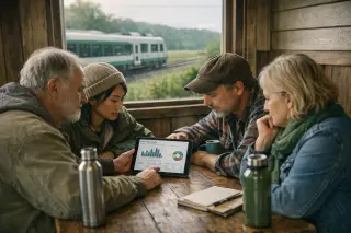 Travelers of varied ages study environmental data on a tablet in a rural train station, morning light, natural and subdued atmosphere.