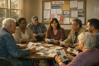 Community center meeting with diverse group engaged in discussion about local tourism opportunities, natural light emphasizing informal collaboration and inclusivity.