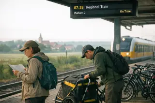 Two travelers at a quiet rural train station at dawn, checking bike options and schedules, with soft natural light and a countryside backdrop.