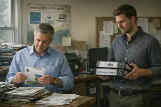 Two hotel staff review sustainability certificates and audit binders in a modest, softly-lit office, reflecting on responsible tourism labels.