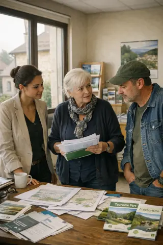 Small group of diverse professionals discussing tourism projects at a table in a rural French office, with natural soft light and a calm, authentic atmosphere.