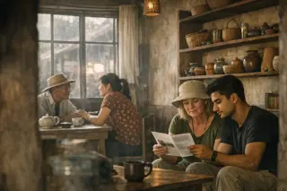 Travelers quietly reading a leaflet in a sunlit, modest rural café with subtle local decor and a relaxed, introspective atmosphere.