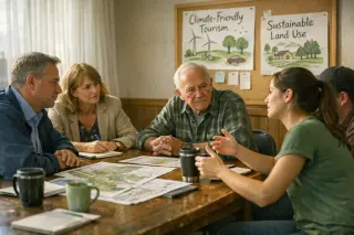 meeting of diverse local stakeholders around a table in a town hall, maps and notes visible, gentle sunlight, natural conversational atmosphere